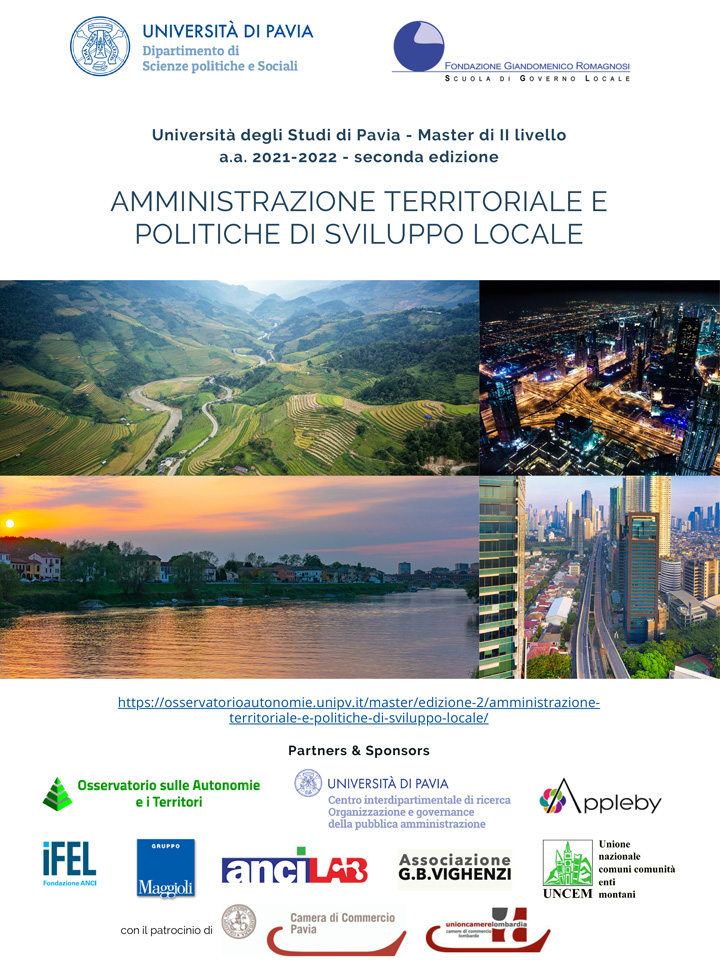 >Master in Amministrazione Territoriale e Politiche di Sviluppo Locale. Master di II livello dell'Università di Pavia a.a 2021/2022 - seconda edizione - Fondazione Romagnosi, Scuola di Governo Locale, Pavia - Corso di Formazione Fondazione Romagnosi