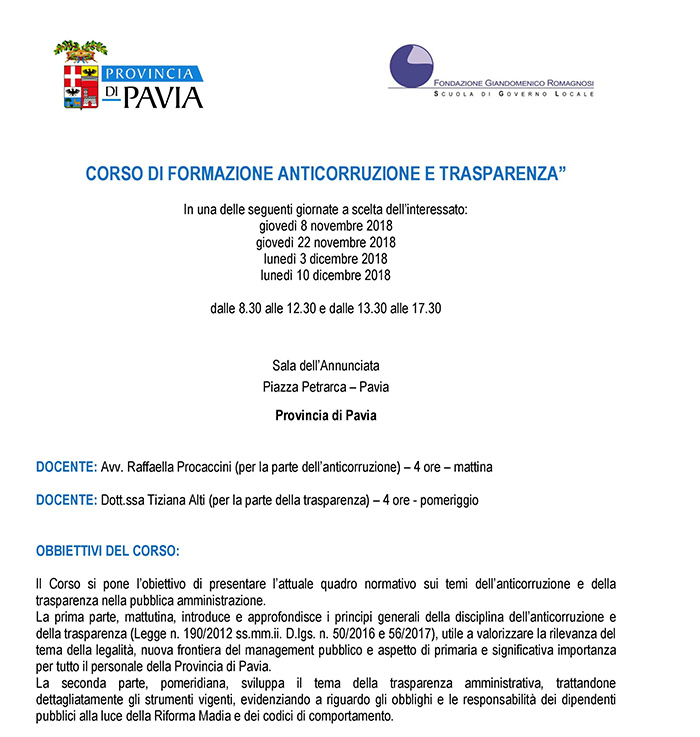 Corso di formazione Anticorruzione e Trasparenza - Corsi di Formazione Fondazione Romagnosi