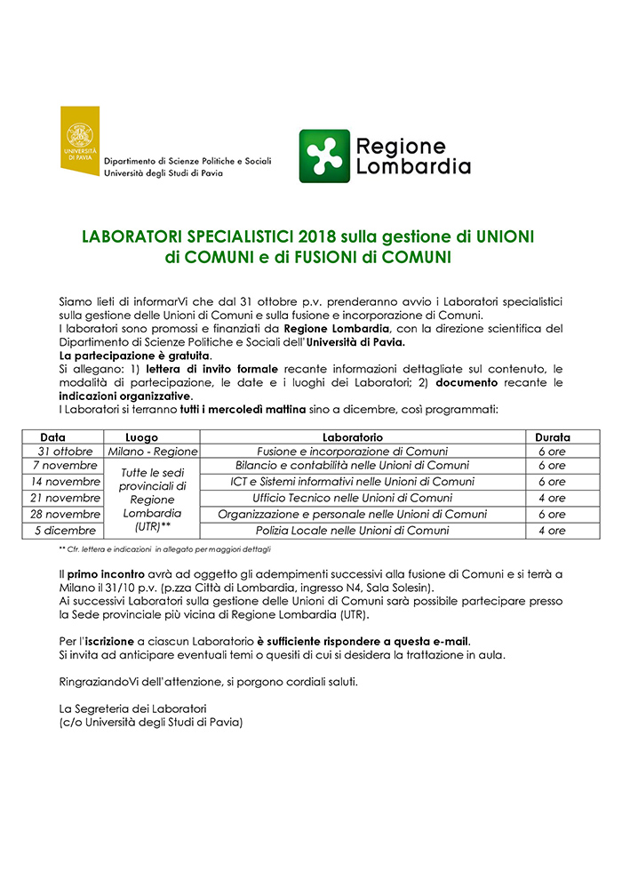 Laboratori specialistici 2018 sulla Gestione di Unioni di Comuni e di Fusioni di Comuni -  Corsi di Formazione Fondazione Romagnosi