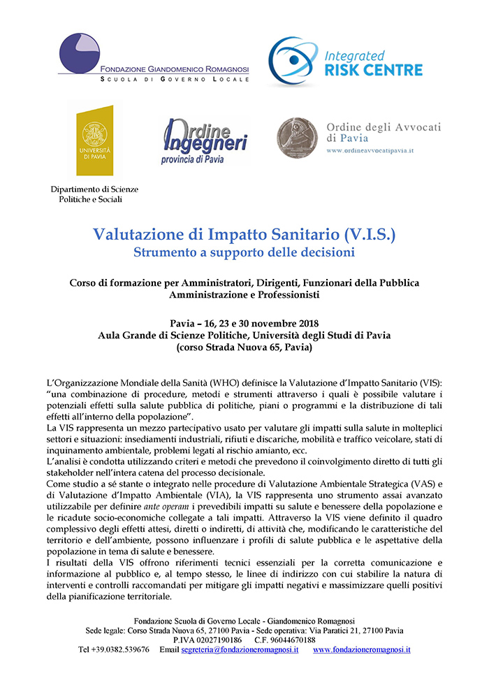 Valutazione di Impatto Sanitario (V.I.S.) - Strumento a supporto delle decisioni -  Corsi di Formazione Fondazione Romagnosi