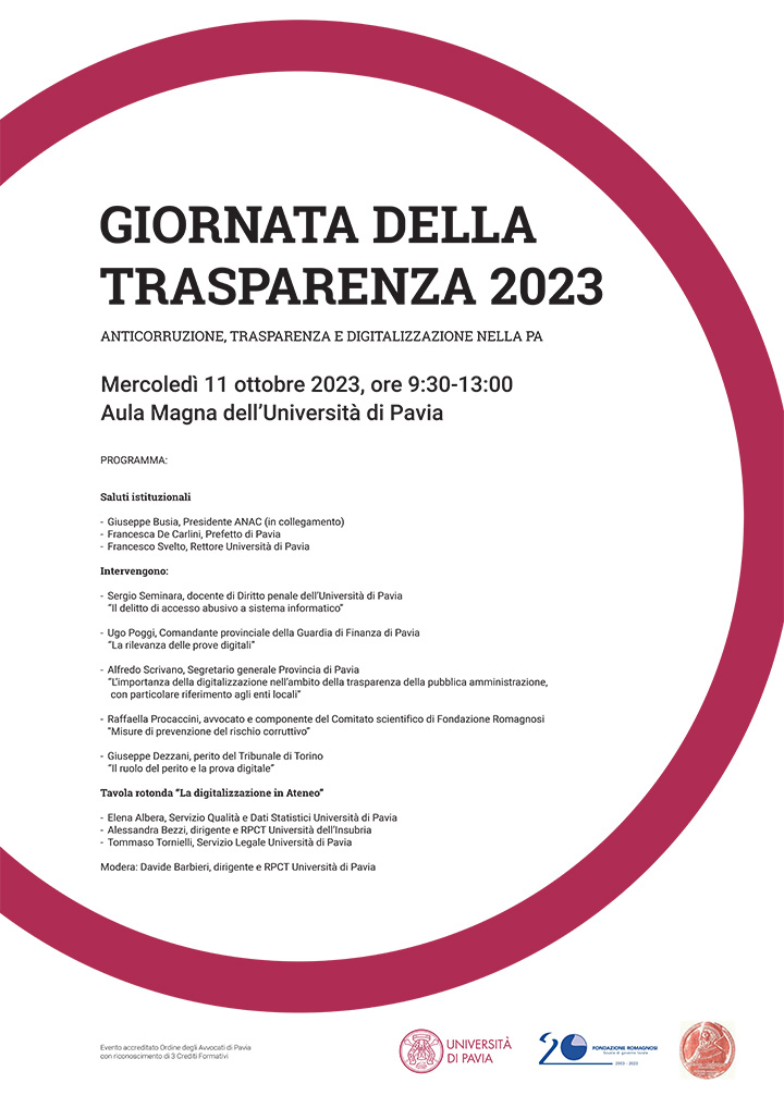 Giornata della Trasparenza 2023 - ANTICORRUZIONE, TRASPARENZA E DIGITALIZZAZIONE NELLA PA. Convegni e Seminari Fondazione Romagnosi