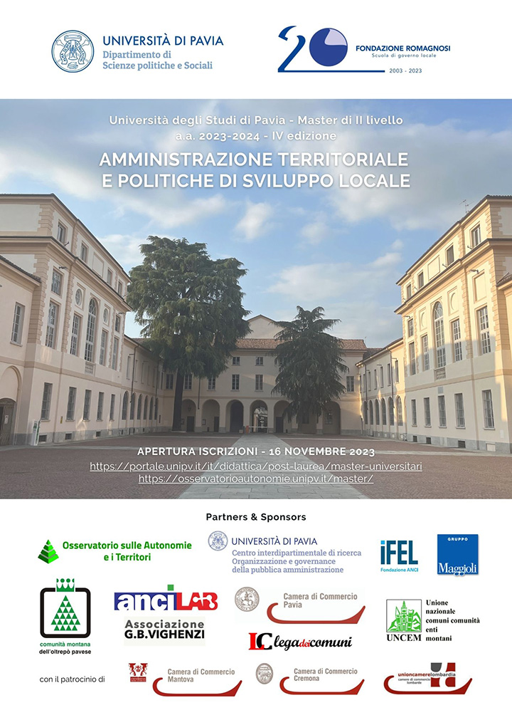Master in Amministrazione Territoriale e Politiche di Sviluppo Locale. Master di II livello dell'Università di Pavia – IV edizione. Corso di Formazione Fondazione Romagnosi