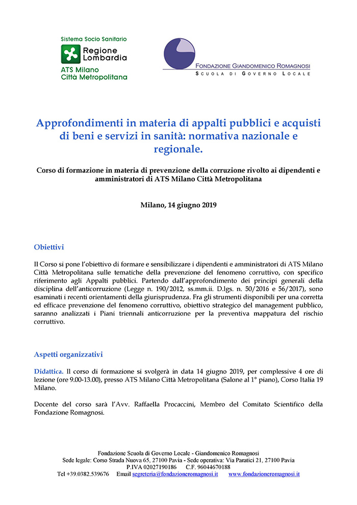 Approfondimenti in materia di appalti pubblici e acquisti di beni e servizi in sanità: normativa nazionale e regionale - Corsi di Formazione Fondazione Romagnosi