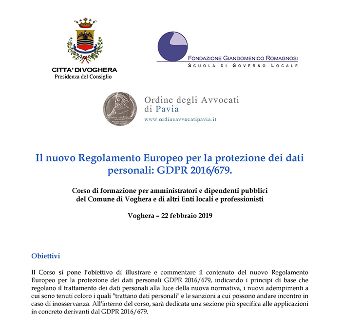 Il nuovo Regolamento Europeo per la protezione dei dati personali: GDPR 2016/679 - Corsi di Formazione Fondazione Romagnosi