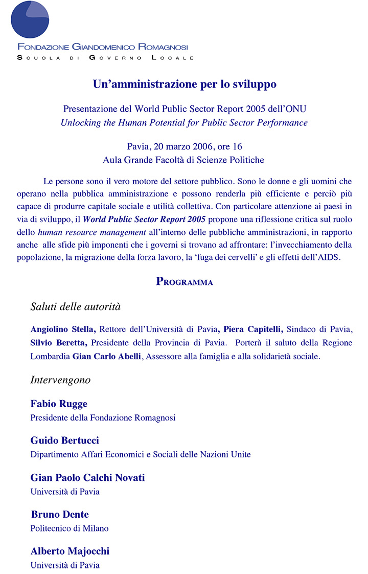 Un'amministrazione per lo sviluppo - Convegni e Seminari, Fondazione Romagnosi, Scuola di governo locale