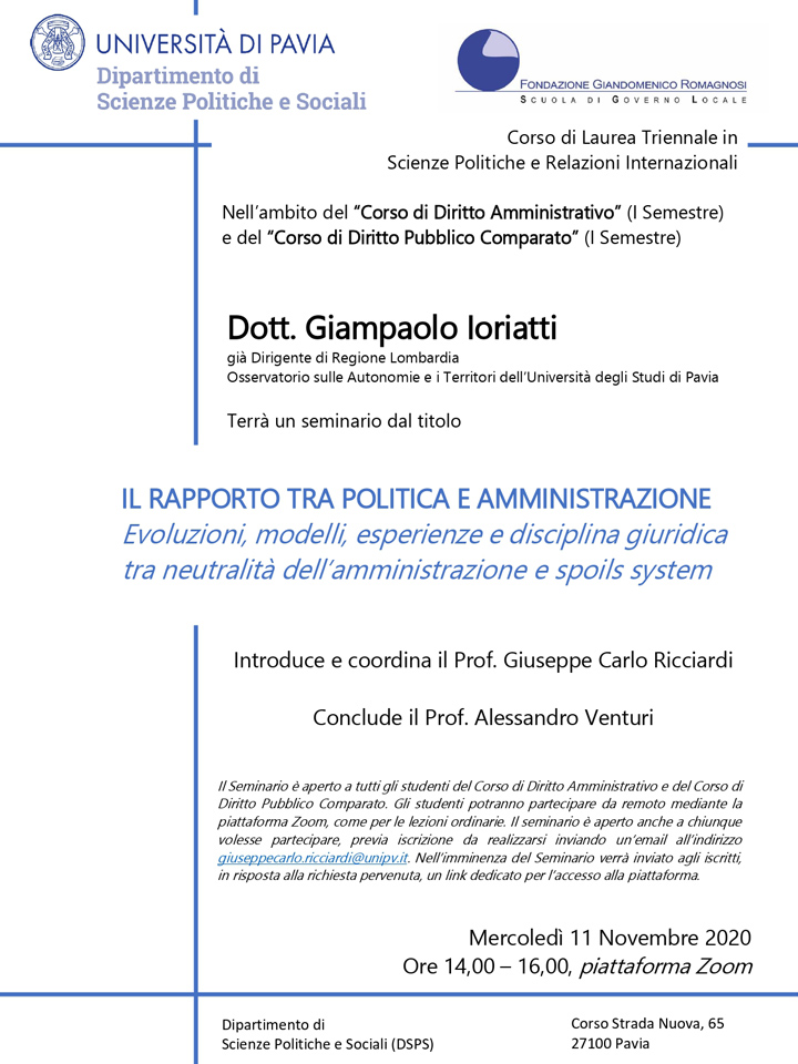 Seminario Il rapporto tra politica e amministrazione - Convegni e Seminari, Fondazione Romagnosi, Scuola di governo locale