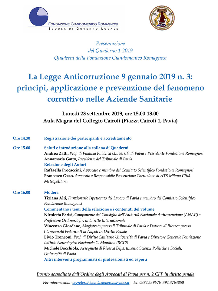 La Legge Anticorruzione 9 gennaio 2019 n. 3: principi, applicazione e prevenzione del fenomeno corruttivo nelle Aziende Sanitarie - Convegni e Seminari Fondazione Romagnosi