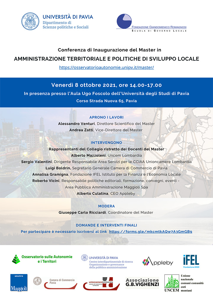 Conferenza di inaugurazione del Master in Amministrazione territoriale e Politiche di Sviluppo locale - Convegni e Seminari, Fondazione Romagnosi, Scuola di governo locale