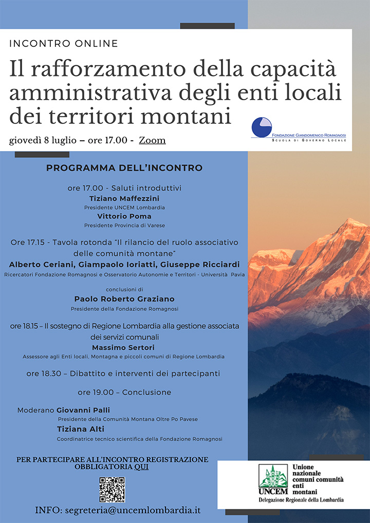 Il rafforzamento della capacità amministrativa degli enti locali dei territori montani - Convegni e Seminari Fondazione Romagnosi, Scuola di governo locale