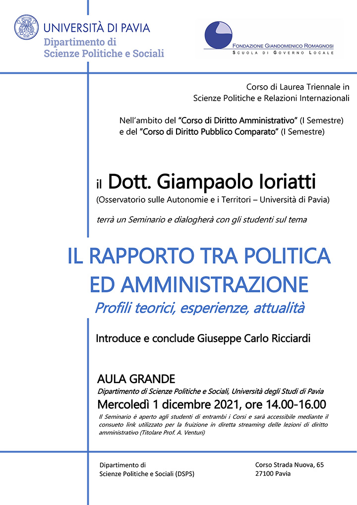 Il Rapporto tra politica ed amministrazione - Profili teorici, esperienze, attualità - Convegni e Seminari, Fondazione Romagnosi