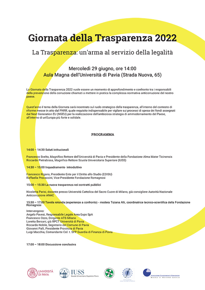 Giornata della Trasparenza 2022. La Trasparenza: un'arma al servizio della legalità - Convegni e Seminari Fondazione Romagnosi, Scuola di governo locale