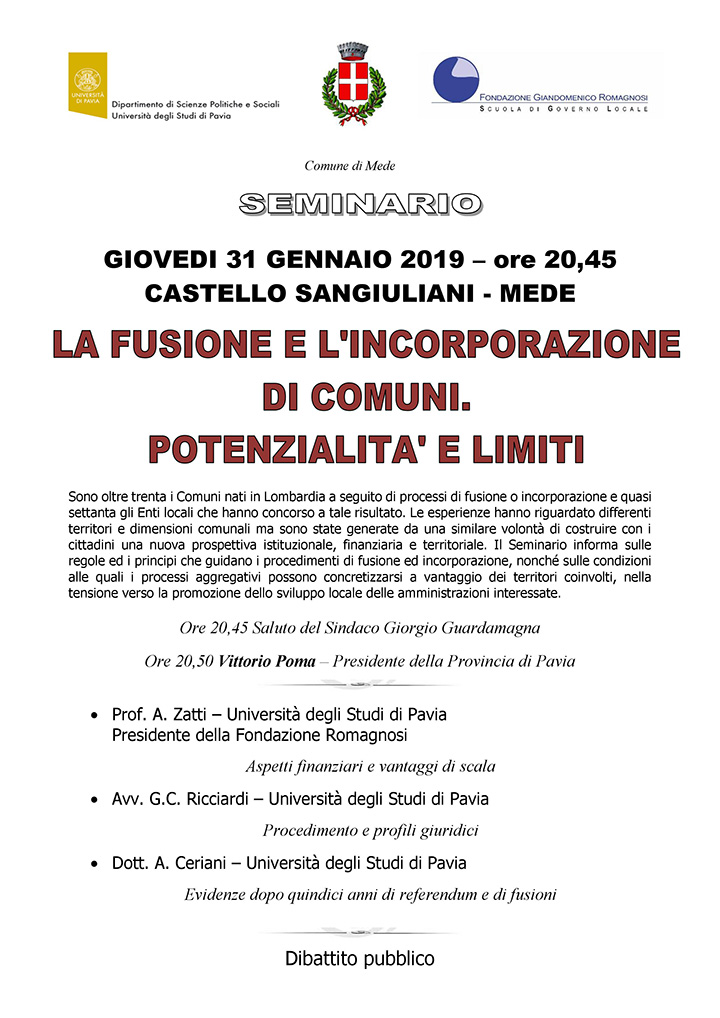 La fusione e l'incorporazione di Comuni. Potenzialità e limiti - Convegni e Seminari Fondazione Romagnosi