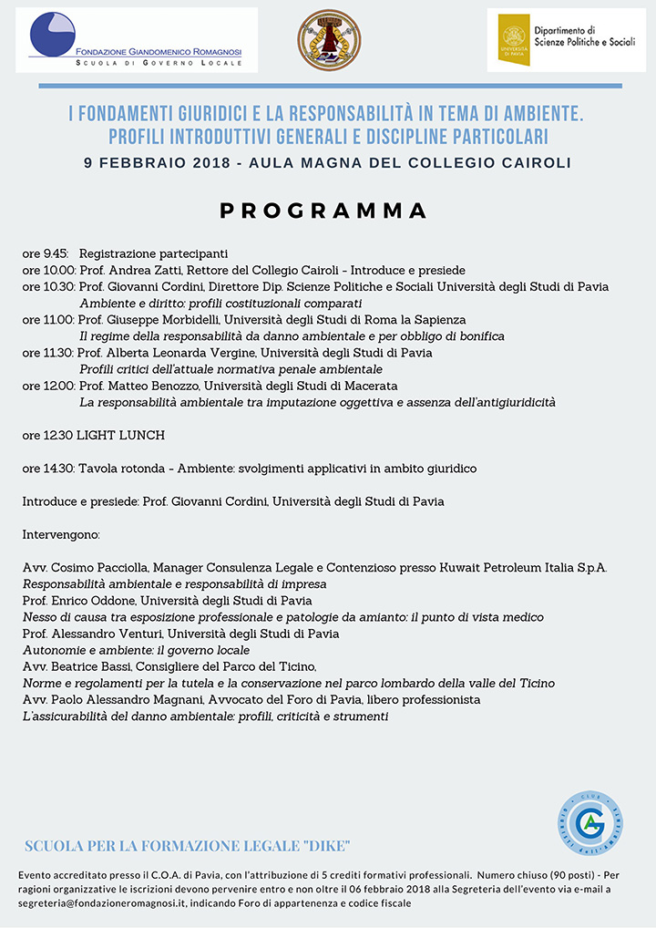 I fondamenti giuridici e la responsabilità in tema ambiente. Profili introduttivi generali e discipline particolari - Convegni e Seminari Fondazione Romagnosi, Scuola di governo locale