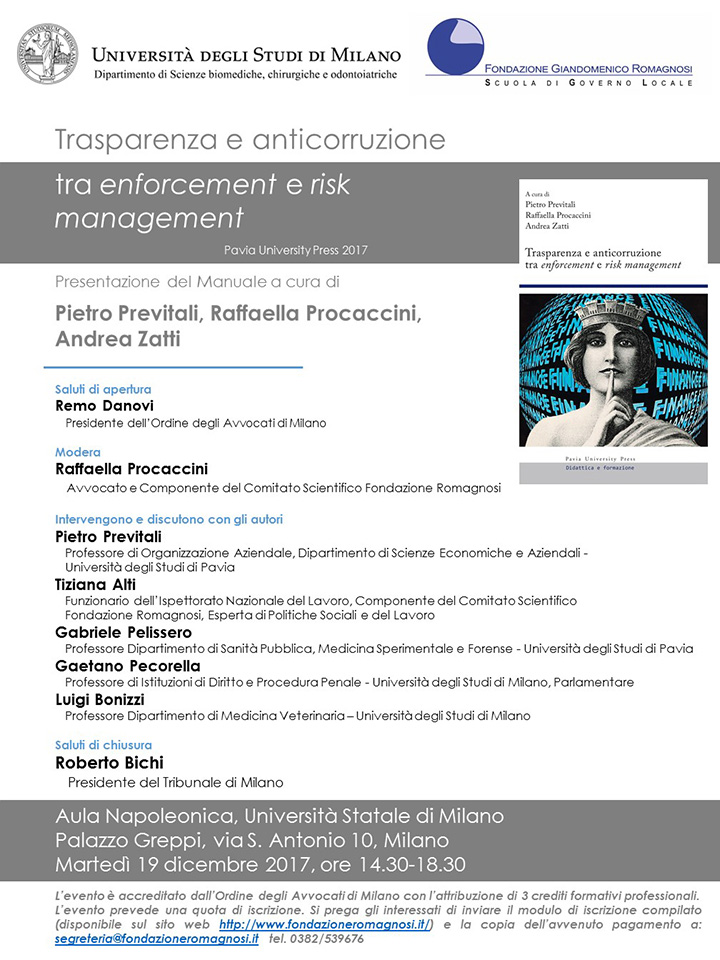 Trasparenza e Anticorruzione tra enforcement e risk management - Convegni e Seminari Fondazione Romagnosi, Scuola di governo locale