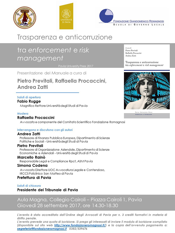 Trasparenza e Anticorruzione tra enforcement e risk management - Convegni e Seminari Fondazione Romagnosi, Scuola di governo locale