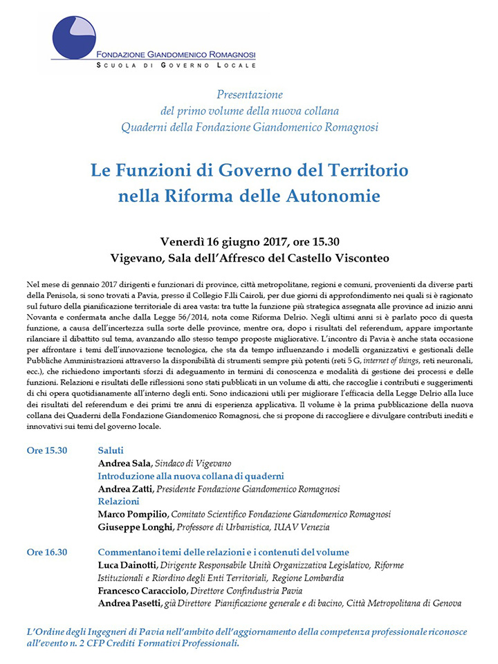 Le Funzioni di Governo del Territorio nella Riforma delle Autonomie - Convegni e Seminari Fondazione Romagnosi, Scuola di governo locale