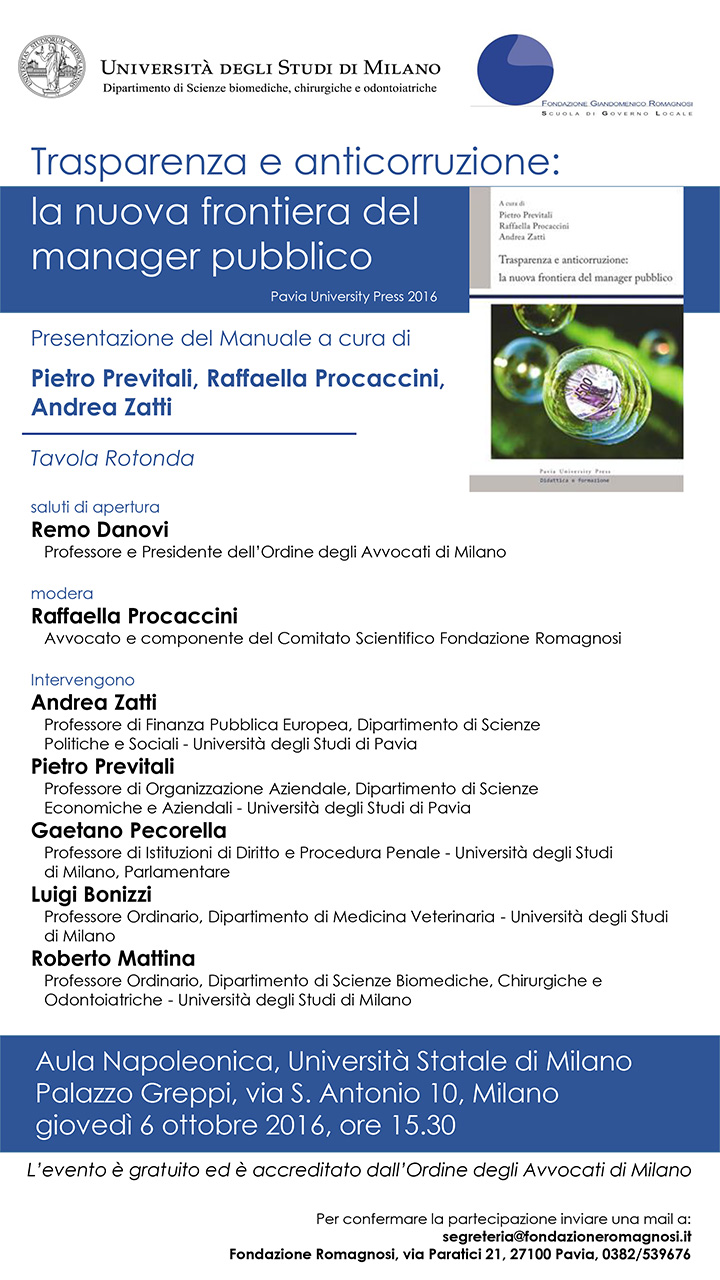 Presentazione del Manuale Trasparenza e anticorruzione: la nuova frontiera del manager pubblico - Convegni e Seminari Fondazione Romagnosi, Scuola di governo locale