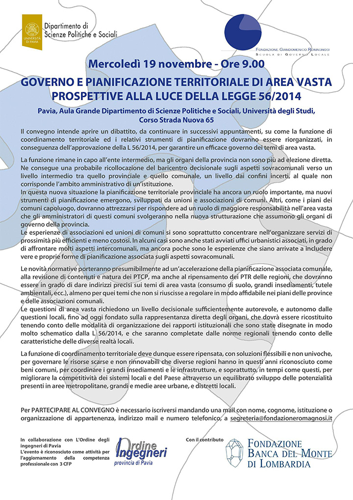 Governo e pianificazione territoriale di area vasta. Prospettive alla luce della legge 56/2014 - Convegni e Seminari Fondazione Romagnosi