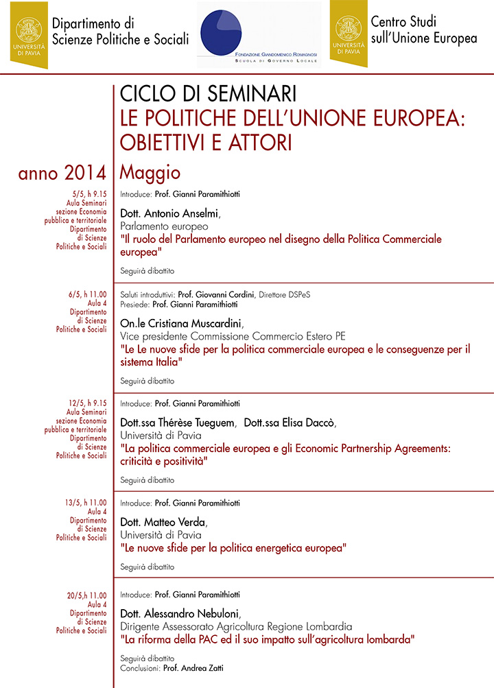 Le politiche dell'Unione Europea: obiettivi e attori  - Convegni e Seminari Fondazione Romagnosi, Scuola di governo locale