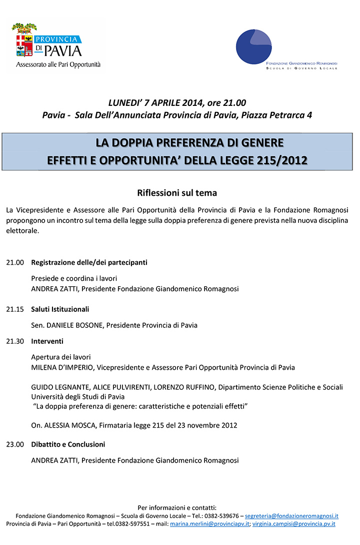 La doppia preferenza di genere alla prova del voto: effetti e opportunità della legge 215/2012 - Convegni e Seminari Fondazione Romagnosi, Scuola di governo locale