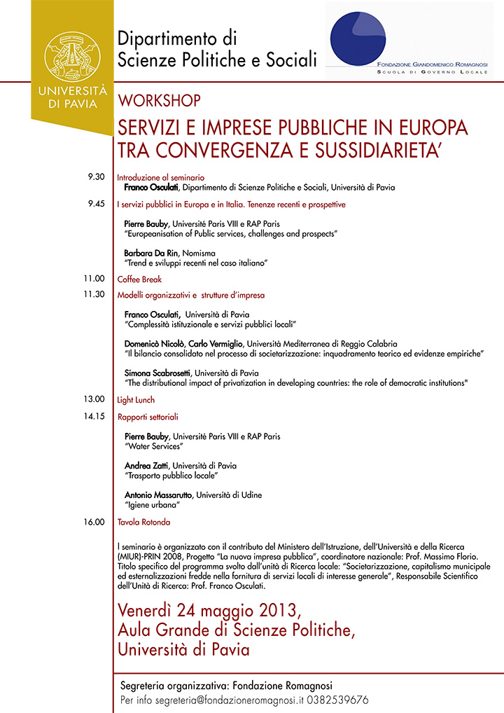 Servizi e imprese pubbliche in Europa tra convergenza e sussidiarietà - Convegni e Seminari Fondazione Romagnosi, Scuola di governo locale