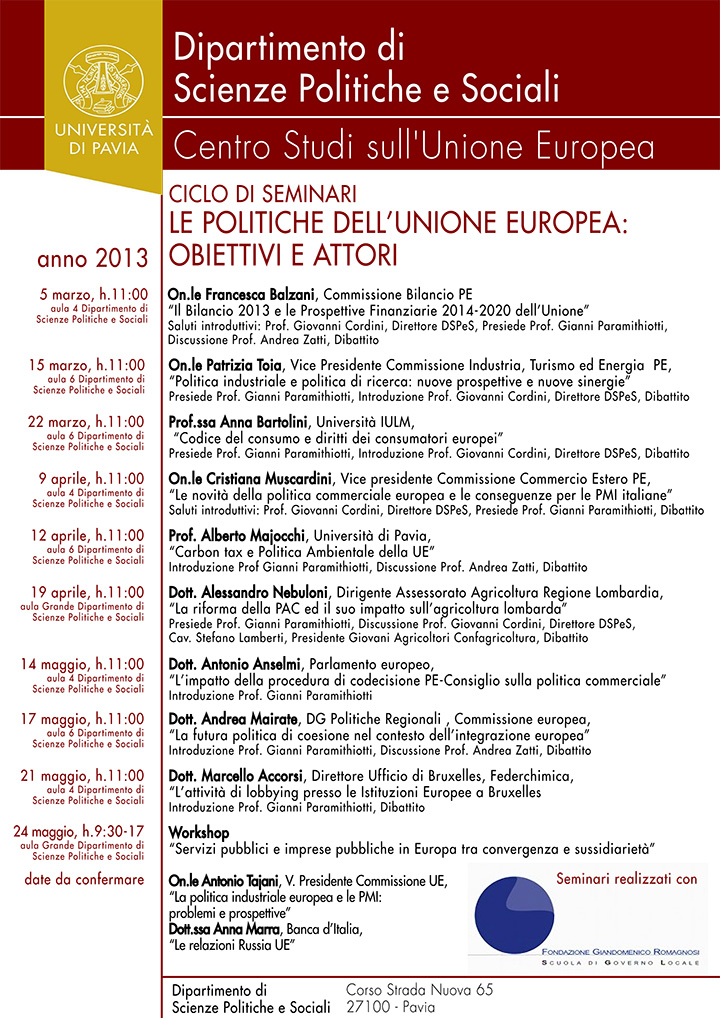 Ciclo di Seminari le politiche dell'Unione Europea: obiettivi e attori - Convegni e Seminari Fondazione Romagnosi, Scuola di governo locale