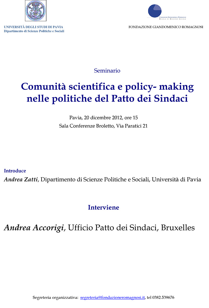 Comunità scientifica e policy making nelle politiche del Patto dei Sindaci - Convegni e Seminari Fondazione Romagnosi, Scuola di governo locale