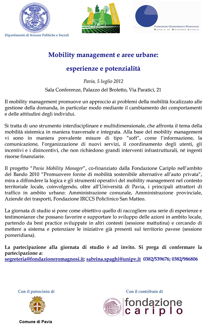 Mobility management e aree urbane: esperienze e potenzialità - Convegni e Seminari Fondazione Romagnosi, Scuola di governo locale