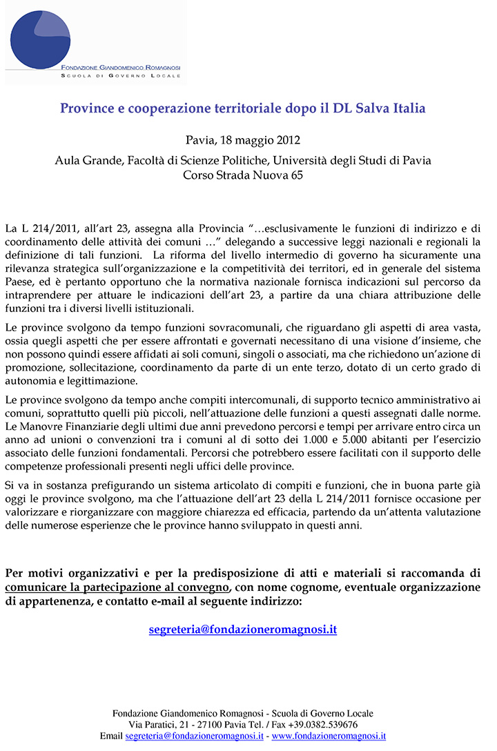 Province e cooperazione territoriale dopo il DL Salva Italia - Convegni e Seminari Fondazione Romagnosi, Scuola di governo locale