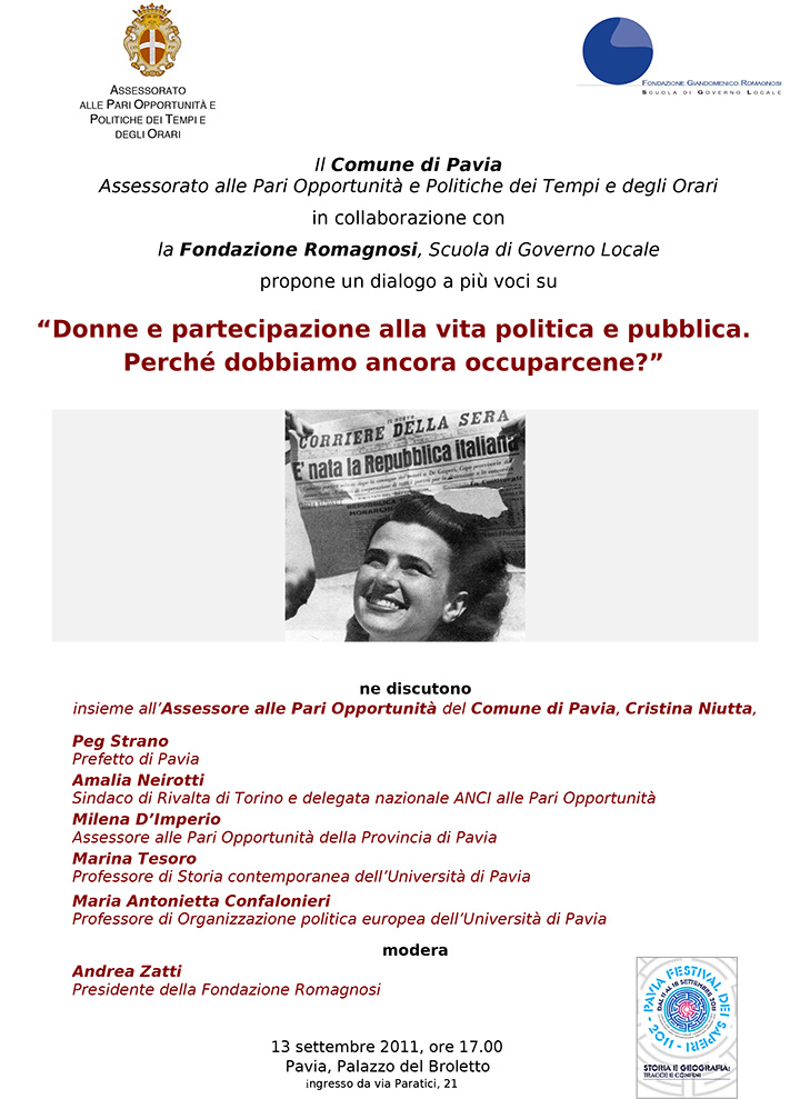 Donne e partecipazione alla vita politica e pubblica. Perché dobbiamo ancora occuparcene? - Convegni e Seminari Fondazione Romagnosi, Scuola di governo locale