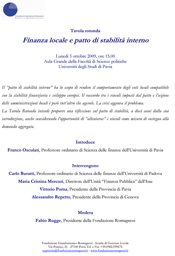 Finanza locale e patto di stabilità interno - Convegni e Seminari Fondazione Romagnosi, Scuola di governo locale