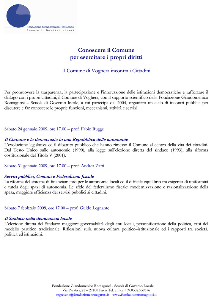 Comune di Voghera: Conoscere il Comune per esercitare i propri diritti - - Convegni e Seminari Fondazione Romagnosi, Scuola di governo locale