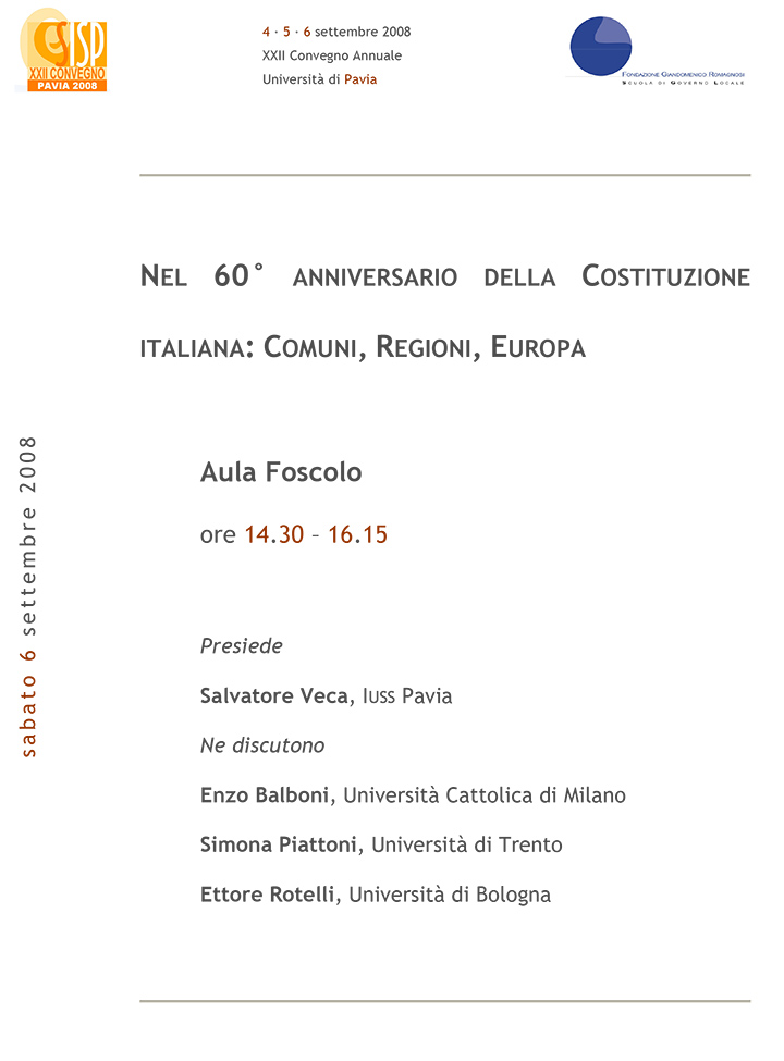 Nel 60° anniversario della Costituzione italiana: Comuni, Regioni, Europa - Convegni e Seminari, Fondazione Romagnosi, Scuola di governo locale