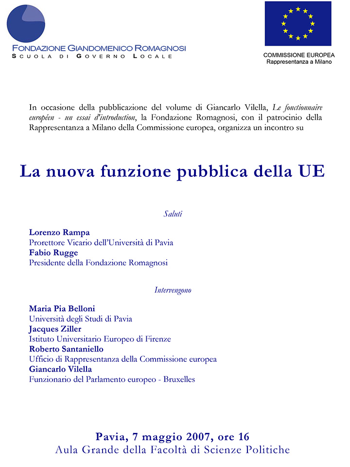 La nuova funzione pubblica della UE - Convegni e Seminari, Fondazione Romagnosi, Scuola di governo locale