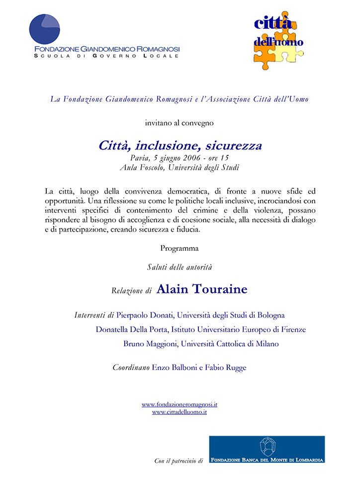 Città, inclusione, sicurezza - Convegni e Seminari, Fondazione Romagnosi, Scuola di governo locale