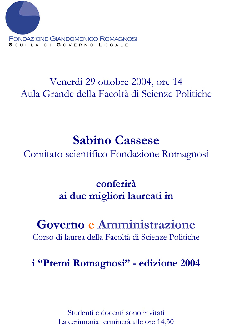 Premio Romagnosi 2004 - Fondazione Romagnosi, Scuola di Governo locale