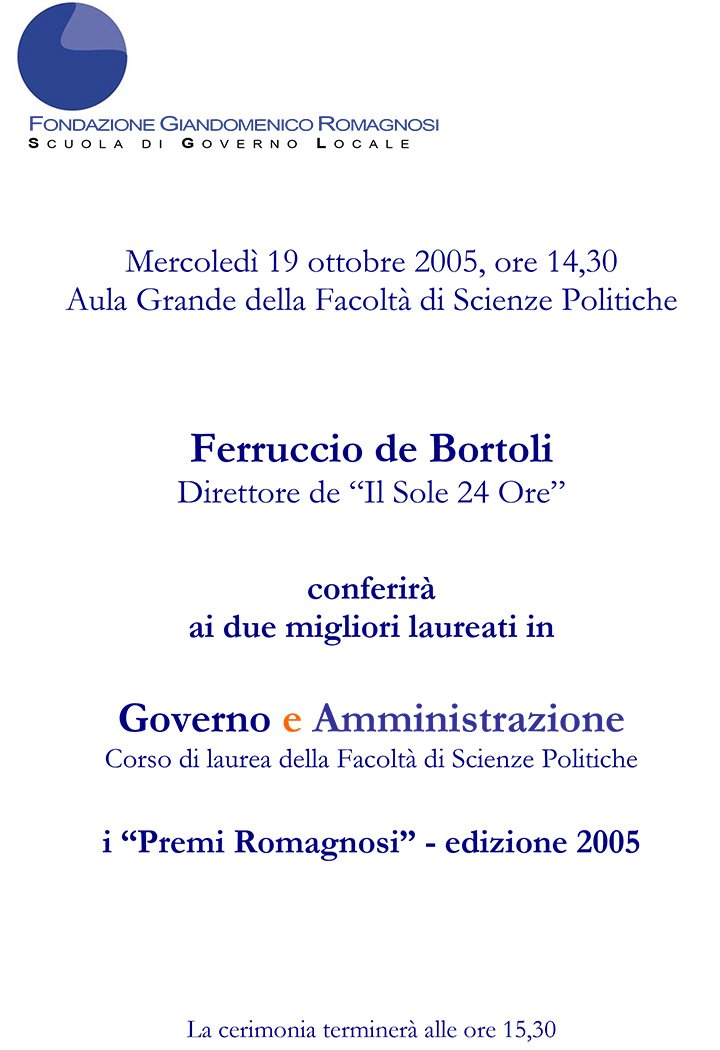 Premio Romagnosi 2005 - Fondazione Romagnosi, Scuola di Governo locale