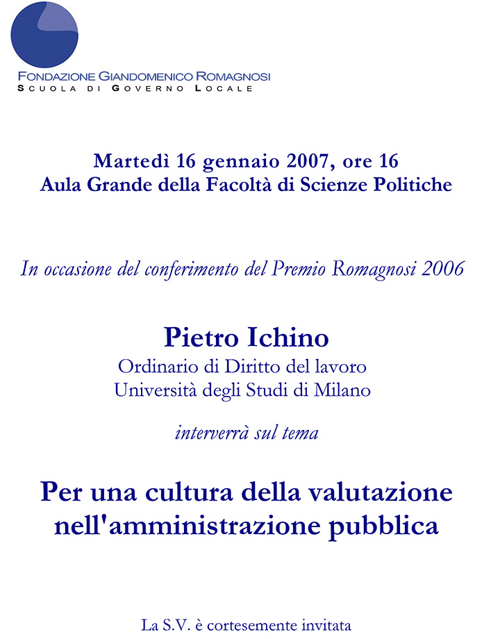 Premio Romagnosi 2006 - Fondazione Romagnosi, Scuola di Governo locale