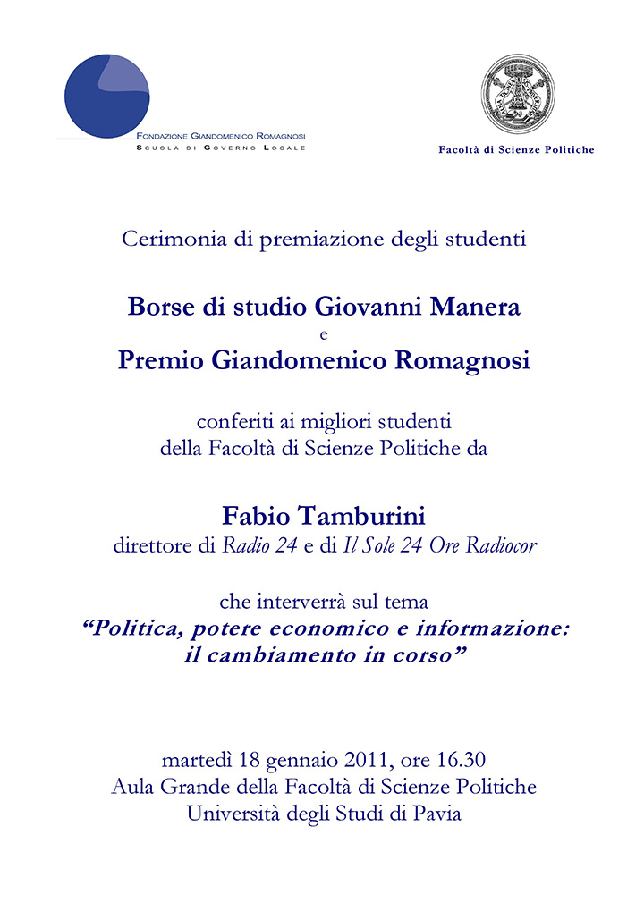 Premio Romagnosi 2010 - Fondazione Romagnosi, Scuola di Governo locale