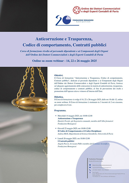 Anticorruzione e Trasparenza, Codice di comportamento, Contratti pubblici. Corso di formazione rivolto al personale dipendente e ai Componenti degli Organi dell’Ordine dei Dottori Commercialisti e degli Esperti Contabili di Pavia.