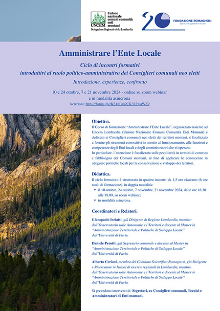 Amministrare l’Ente Locale. Ciclo di incontri formativi introduttivi al ruolo politico-amministrativo dei Consiglieri comunali neo eletti - Corso di Formazione Fondazione Romagnosi