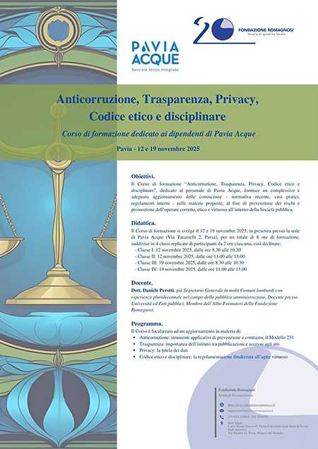 Anticorruzione, Trasparenza, Privacy, Codice etico e disciplinare. Corso di formazione dedicato ai dipendenti di Pavia Acque