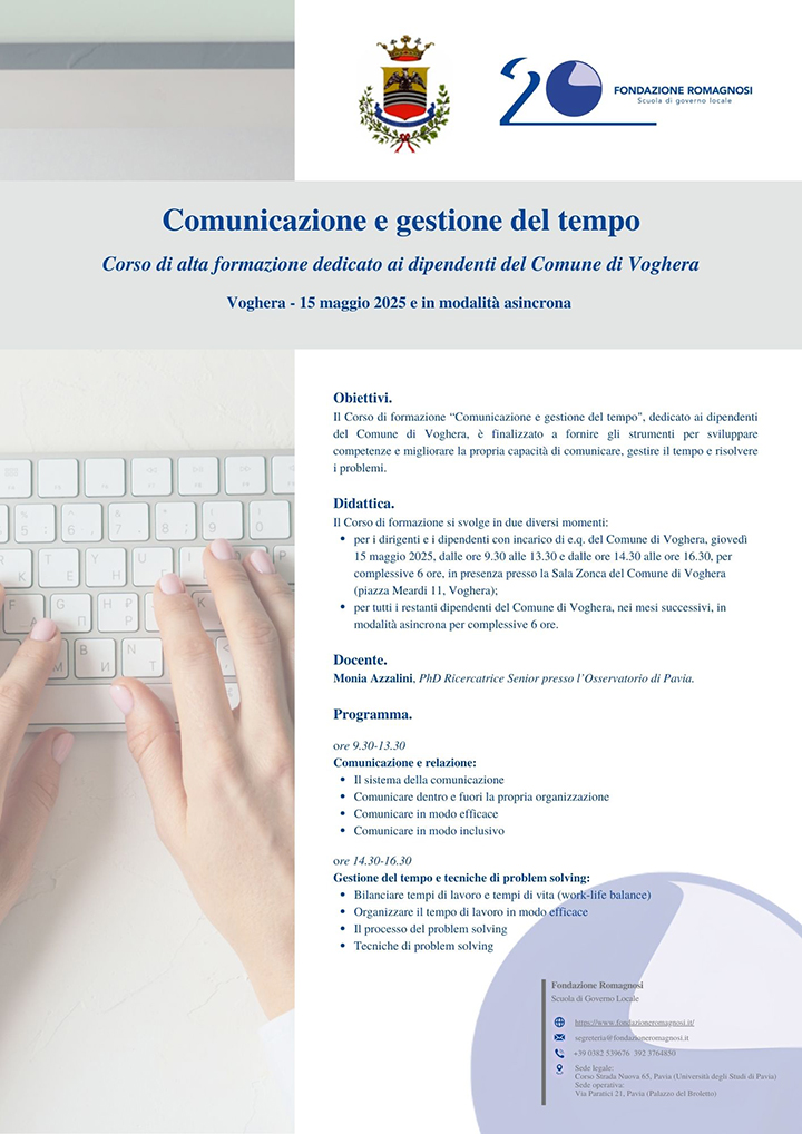 Comunicazione e gestione del tempo - Corso di alta formazione dedicato ai dipendenti del Comune di Voghera. Corso di Formazione Fondazione Romagnosi