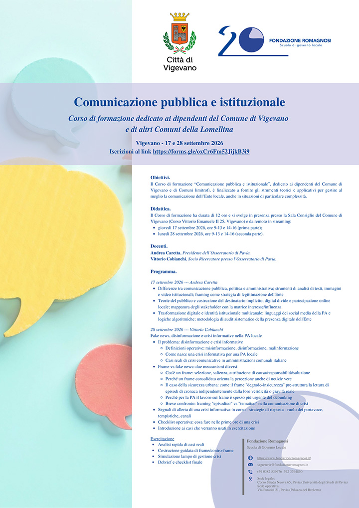 Comunicazione pubblica e istituzionale, Corso di formazione dedicato ai dipendenti del Comune di Vigevano e di altri Comuni della Lomellina. Corso di Formazione Fondazione Romagnosi