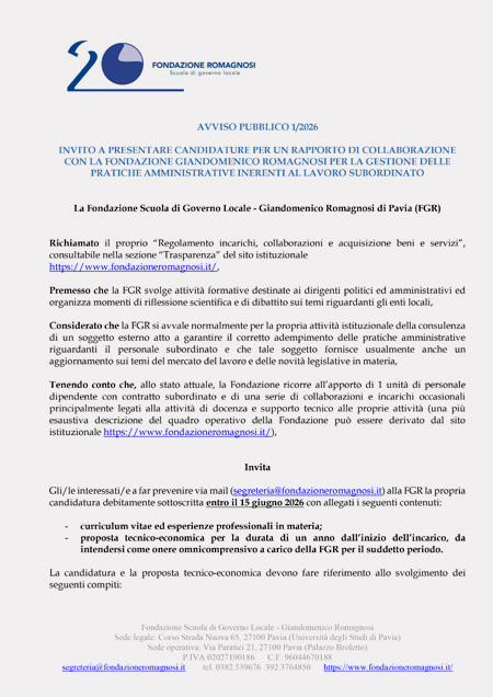 Avviso 1-2026 per Consulente lavoro con scadenza 15-6-2026