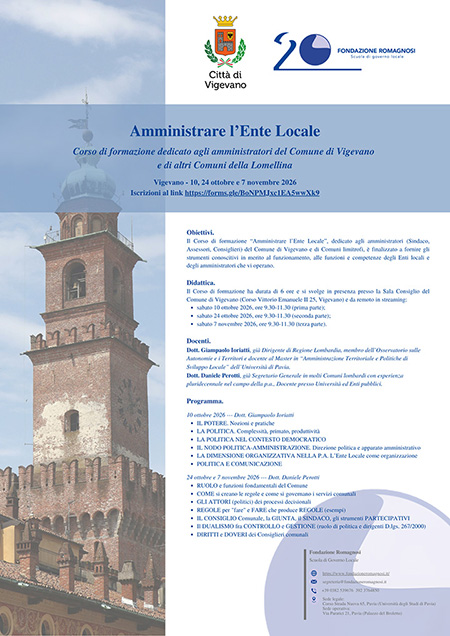 Amministrare l’Ente Locale. Corso di formazione dedicato agli amministratori del Comune di Vigevano e di altri Comuni della Lomellina